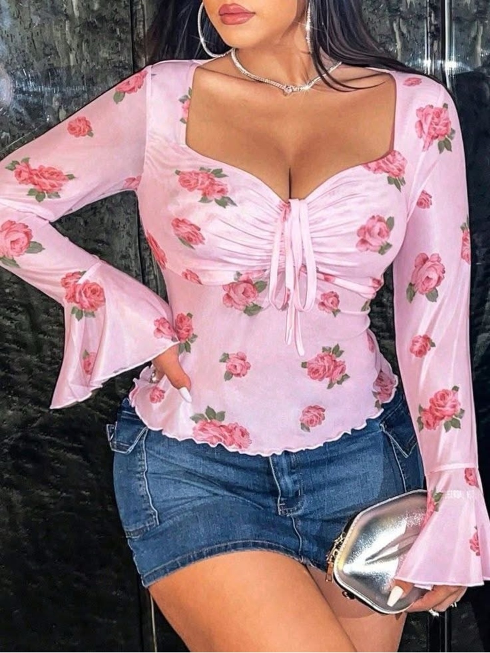SHEIN Pink Floral Tie-Front Blouse size 4x /E085